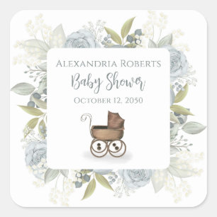 Sticker Carré Baby shower Boho Botanique Floral Vintage Rose