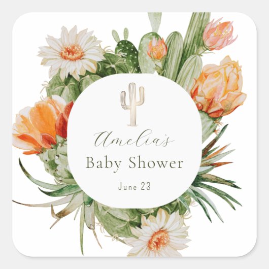 Sticker Carré Baby shower Boho Cactus (Devant)