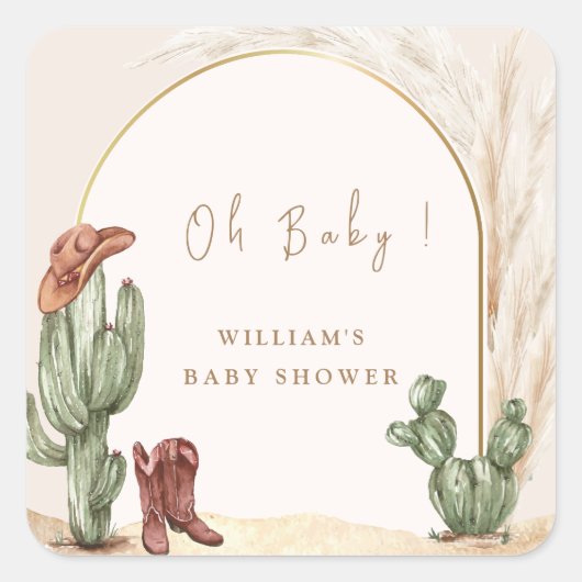 Sticker Carré Baby shower Boho Cactus Arch Desert Cowboy (Devant)