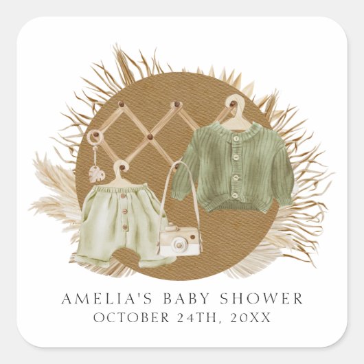 Sticker Carré Baby shower Boho Florals (Devant)