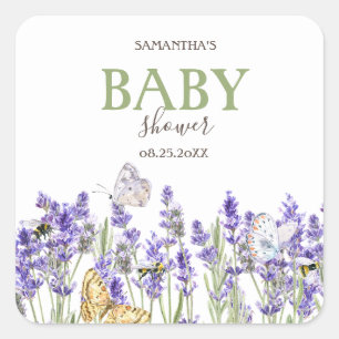 Sticker Carré Baby shower botanique des papillons Lavander