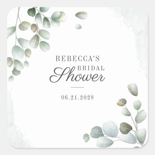 Sticker Carré Baby Shower Botanique Eucalyptus Script (Devant)