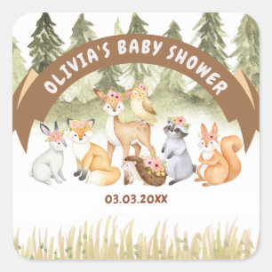 Sticker Carré Baby shower Brown Et Vert Des Animaux De Bois