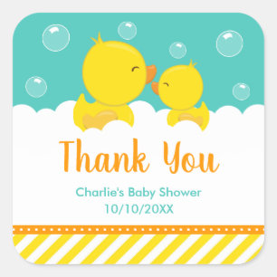 Sticker Carré Baby Shower Canard en Caoutchouc Jaune Vert Merci