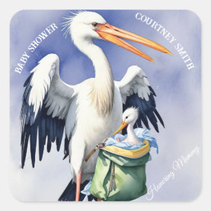 Sticker Carré BABY SHOWER. cigogne avec un sac