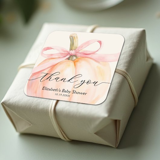 Sticker Carré Baby Shower Citrouille Petit Ruban Rose
