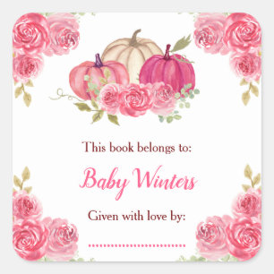 Sticker Carré Baby Shower Citrouilles Fleuris Rose Chaud