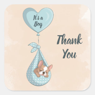 Sticker Carré Baby shower Coeur bleu Chien à Chien à Chien à Chi