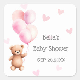 Sticker Carré Baby shower Coeur de l'ours rose