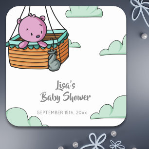 Sticker Carré Baby shower Cute Rose Bear Cub