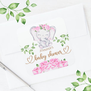 Sticker Carré Baby shower d'aquarelle à l'éléphant et aux fleurs