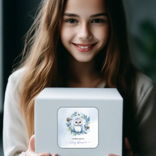 Sticker Carré Baby shower d'aquarelle de la Chouette d'hiver