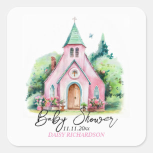 Sticker Carré Baby shower d'aquarelle fleurie de l'église rose