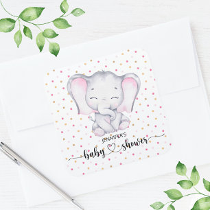 Sticker Carré Baby shower d'aquarelle rose éléphant