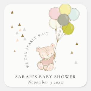 Sticker Carré Baby shower de ballon d'ours d'attente blanc mou