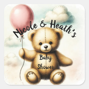 Sticker Carré Baby shower de ballon rose ours en peluche