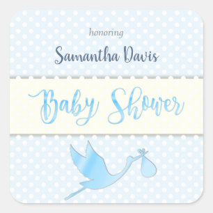 Sticker Carré Baby shower de bébé en cigogne bleue