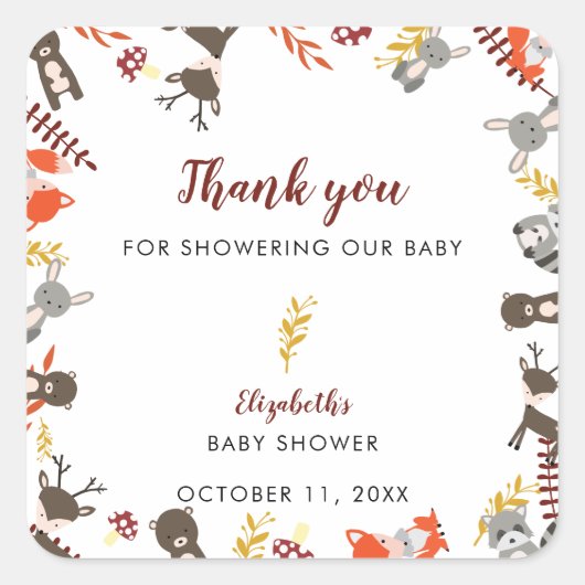 Sticker Carré Baby shower de bois mignon Merci de forêt automne (Devant)