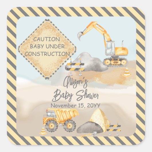 Sticker Carré Baby shower de camion de construction (Devant)