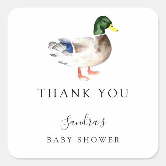 Sticker Carré Baby shower de canard Élégant Merci Script chic (Devant)