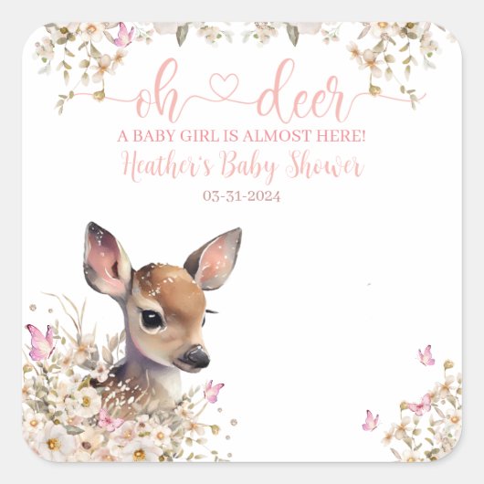 Sticker Carré Baby shower de cerfs de bois fille (Devant)