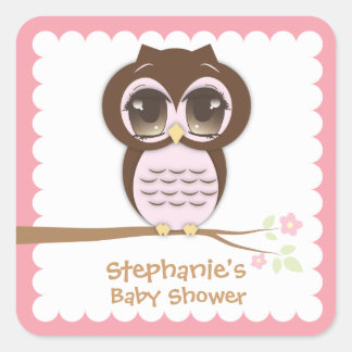 Sticker Carré Baby shower de chouette rose pour une fille