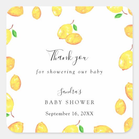 Sticker Carré Baby shower de citron Élégant cadre de script de M (Devant)