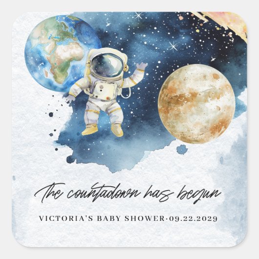 Sticker Carré Baby shower de compte des planètes spatiales (Devant)