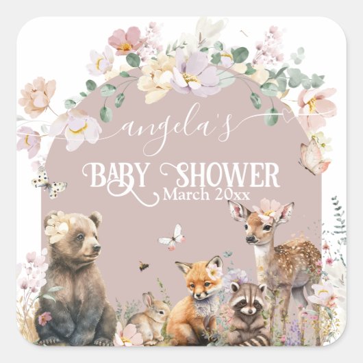 Sticker Carré Baby shower de fille à fleurs d'animaux de bois (Devant)