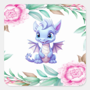 Sticker Carré Baby shower de fille de pivoine de dragon violet e