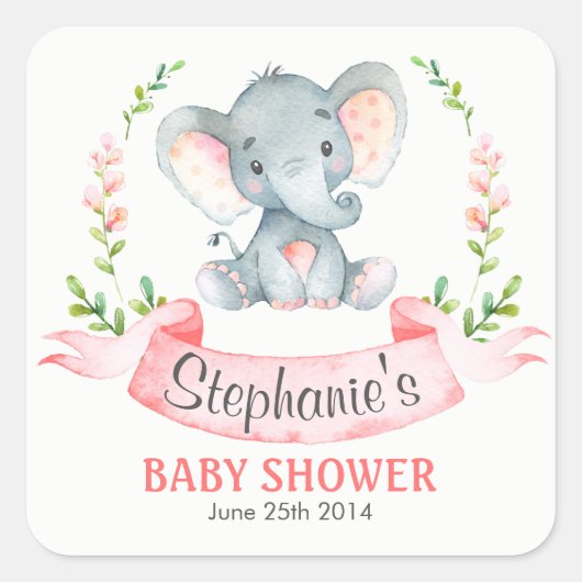 Sticker Carré Baby shower de fille Eléphant Aquarelle (Devant)