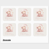 Sticker Carré Baby shower de fille Ours d'aquarelle mignonne (Feuille)