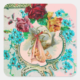 STICKER CARRÉ BABY SHOWER DE FILLES EN STORK ROSES ROSES ROSES E