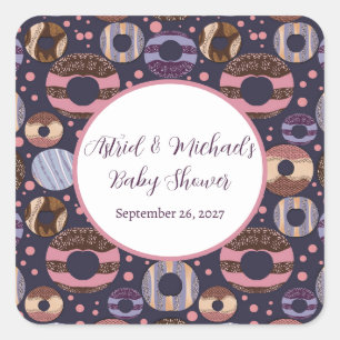 Sticker Carré Baby shower de filles violettes de beignes douces