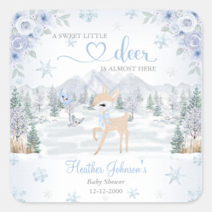 Sticker Carré Baby shower de Flocon de neige Bleu Cerf d'hiver