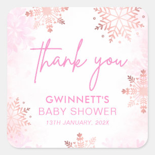 Sticker Carré Baby shower de flocons de neige rose