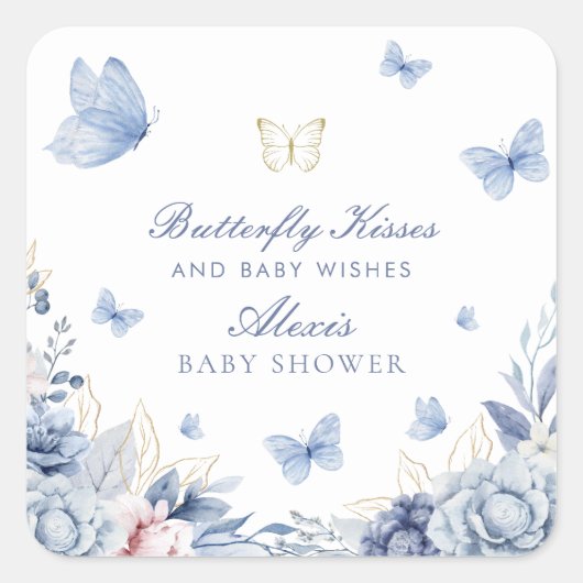 Sticker Carré Baby shower de garçon Baisers papillon (Devant)
