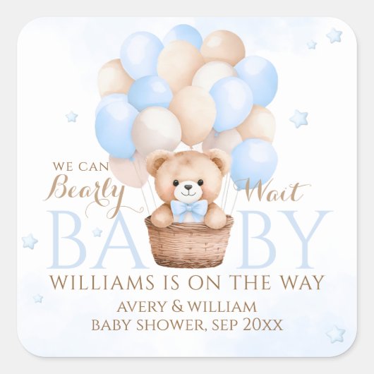 Sticker Carré Baby shower de garçon Bleu Ours Teddy (Devant)