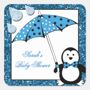 Sticker Carré Baby shower de garçon Doodle Penguin