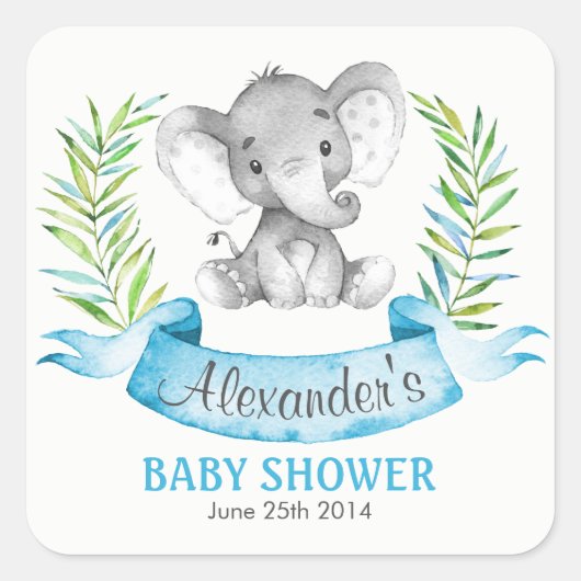 Sticker Carré Baby shower de garçon Elephant aquarelle (Devant)