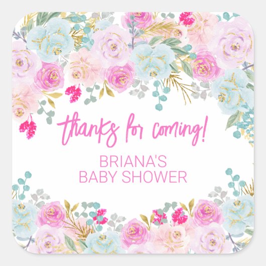 Sticker Carré Baby shower de garçon rose Floral Faveurs (Devant)