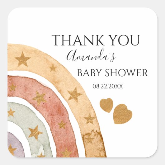 Sticker Carré Baby shower de Merci arc-en-ciel Boho (Devant)