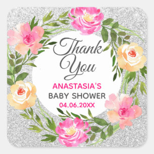 Sticker Carré Baby shower de Merci de  en argent et rose