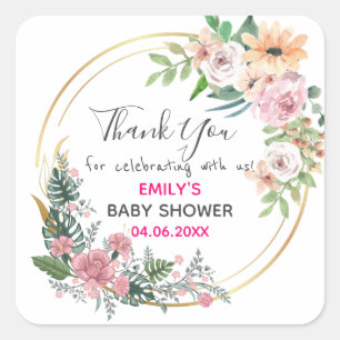 Sticker Carré Baby shower de Merci de  rose fleuri