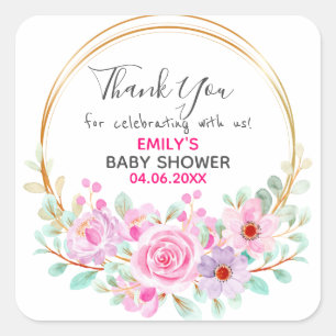 Sticker Carré Baby shower de Merci de  rose fleuri