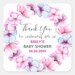 Sticker Carré Baby shower de Merci de  rose fleuri