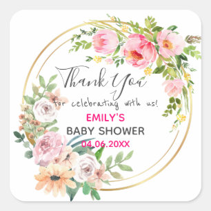 Sticker Carré Baby shower de Merci de  rose fleuri