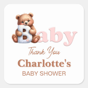 Sticker Carré Baby shower de Merci d'ours rose Teddy