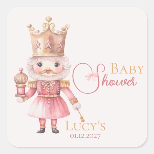 Sticker Carré Baby shower de Noël Pink Nutcracker Aquarelle (Devant)
