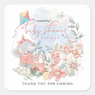 Sticker Carré Baby shower de pique-nique de fille Eléphant migno